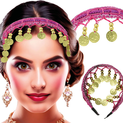 Headband whit gold coins fuchsia, adults