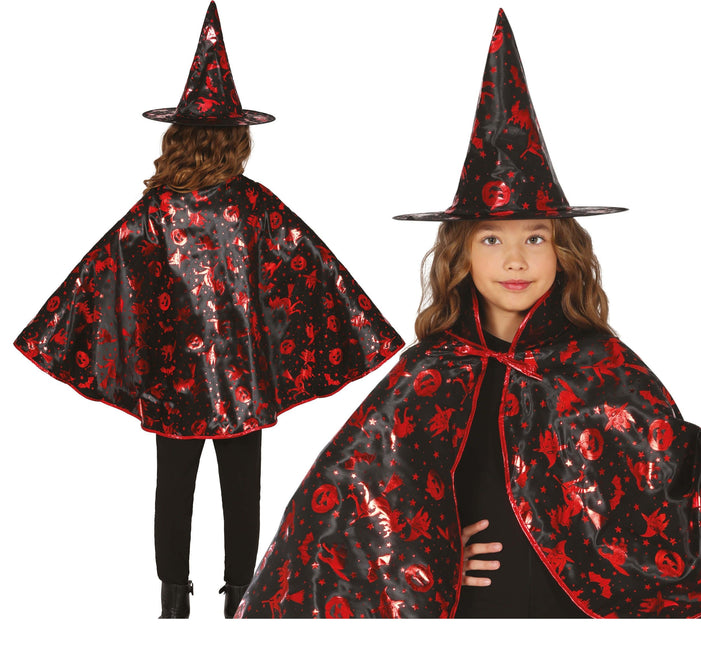 Halloween Verkleedset Zwart Rood Meisje Heks 2 delig