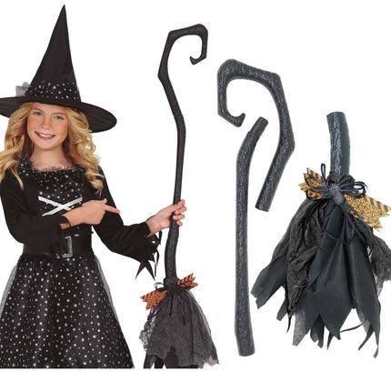 Halloween Heksenbezem Zwart Paars 90cm