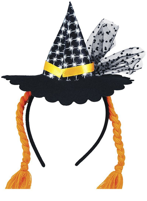 Halloween Haarband Mini Heksenhoed Oranje Vlechtjes