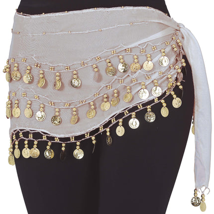 Zingara scarf Belly dance hip scarf with gold coins, white