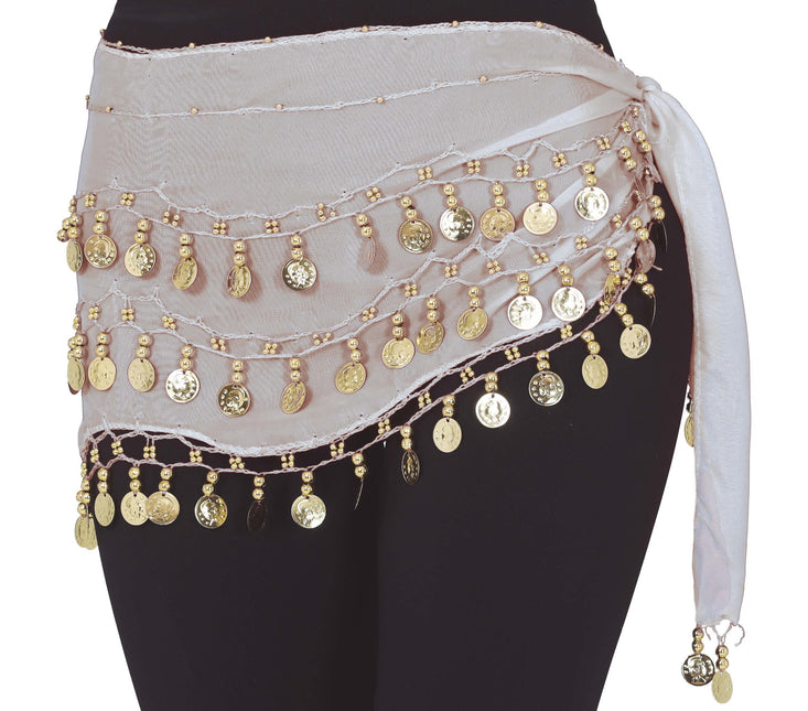 Zingara scarf Belly dance hip scarf with gold coins, white