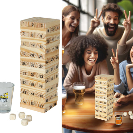 Drinking game wooden blocks & 4 shot glasses