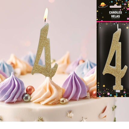 Gouden Kaars 4 Jaar Glitter 12,5cm