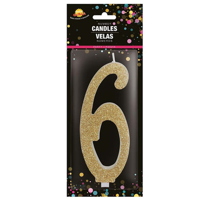 Gouden Kaars 6 Jaar Glitter 12,5cm