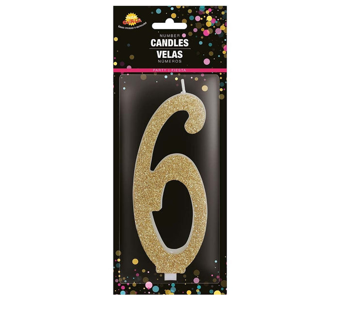 Gouden Kaars 6 Jaar Glitter 12,5cm