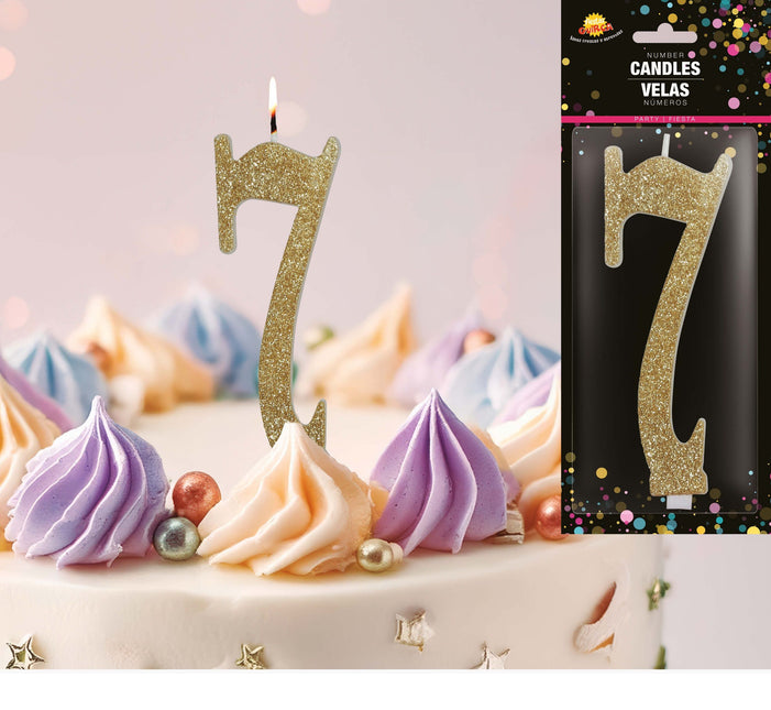 Gouden Kaars 7 Jaar Glitter 12,5cm