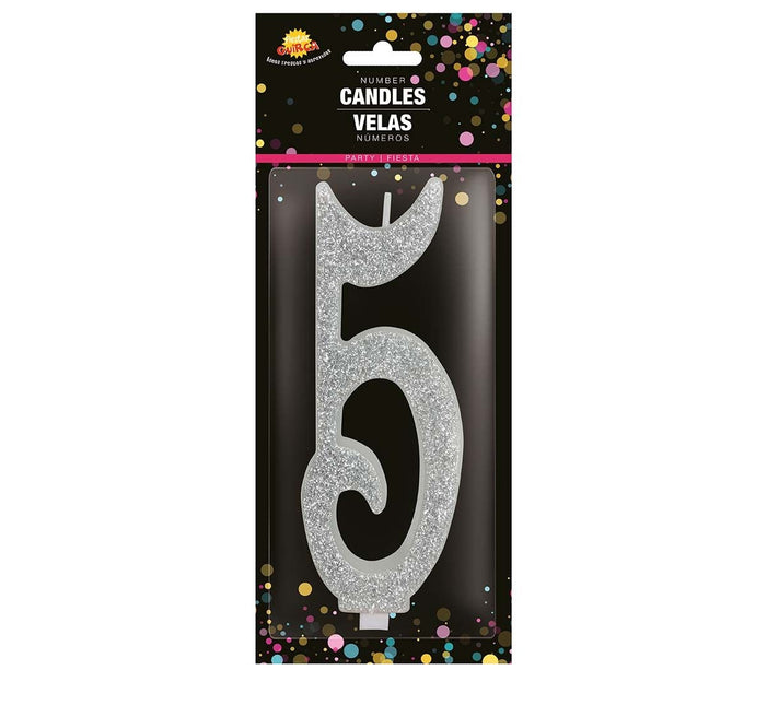 Zilveren Kaars 5 Jaar Glitter 12,5cm