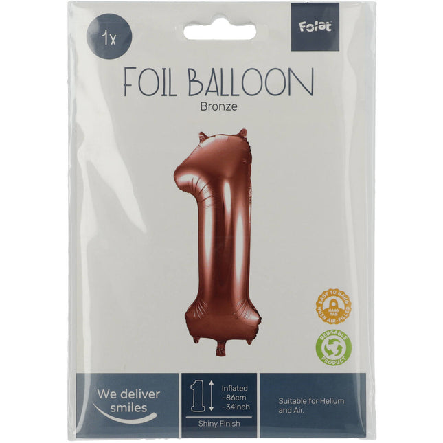 Folie Ballon Cijfer 1 Brons XL 86cm leeg