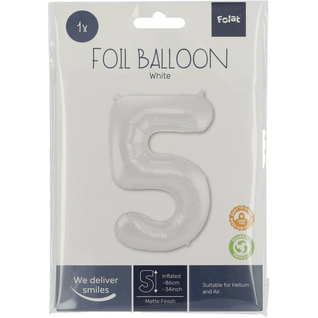 Folie Ballon Cijfer 5 Mat Wit XL 86cm leeg