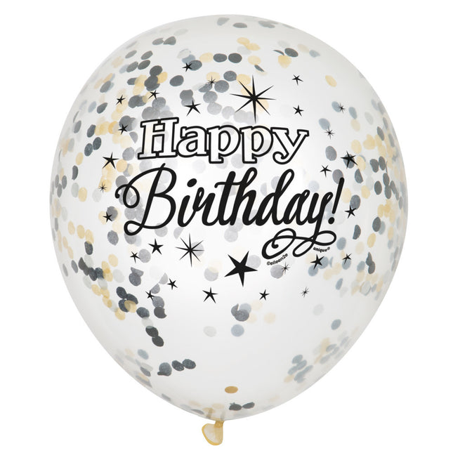 Confetti Ballonnen Happy Birthday Zwart 30cm 6st