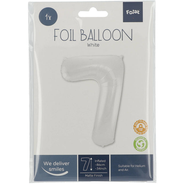 Folie Ballon Cijfer 7 Mat Wit XL 86cm leeg