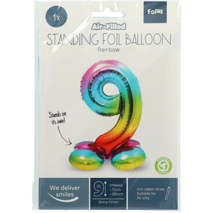 Folie Ballon Cijfer 9 Regenboog met standaard 72cm