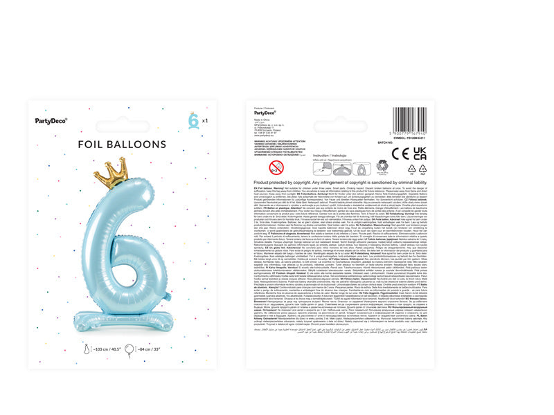 Folie Ballon Cijfer 6 Lichtblauw Standaard Leeg 84cm