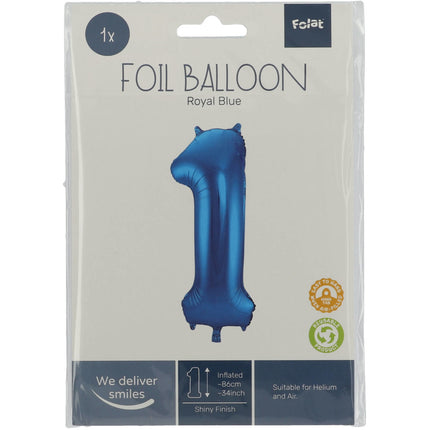 Folie Ballon Cijfer 1 Blauw Metallic XL 86cm leeg