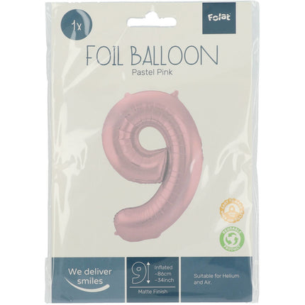 Folie Ballon Cijfer 9 Pastel Roze XL 86cm leeg