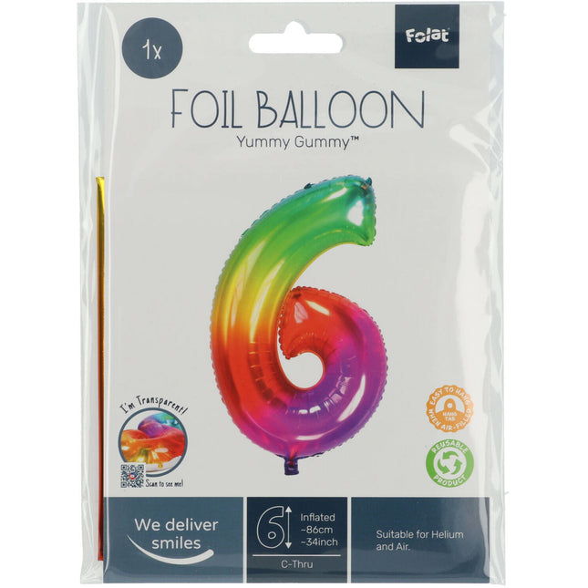 Folie Ballon Cijfer 6 Regenboog XL 81cm leeg