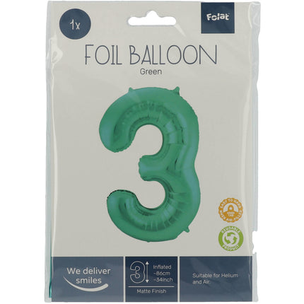 Folie Ballon Cijfer 3 Mat Groen XL 86cm leeg