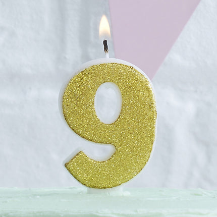 Gouden Kaars 9 Jaar Glitters 6cm