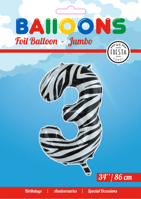 Folie Ballon Cijfer 3 Zebra XL 86cm leeg