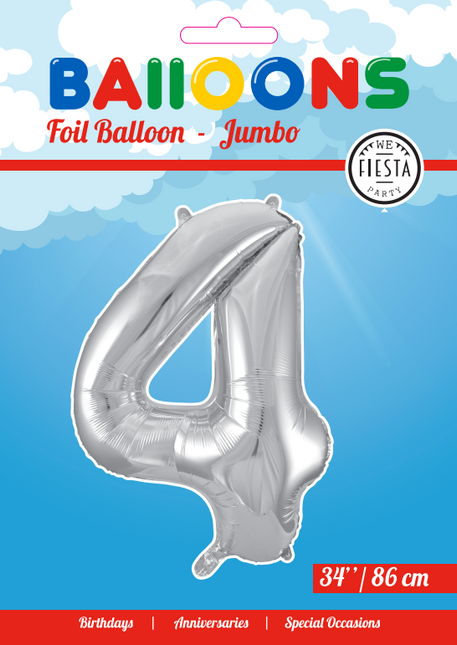 Folie Ballon Cijfer 4 Zilver XL 86cm leeg