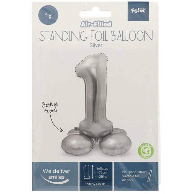 Folie Ballon Cijfer 1 Zilver met standaard 72cm