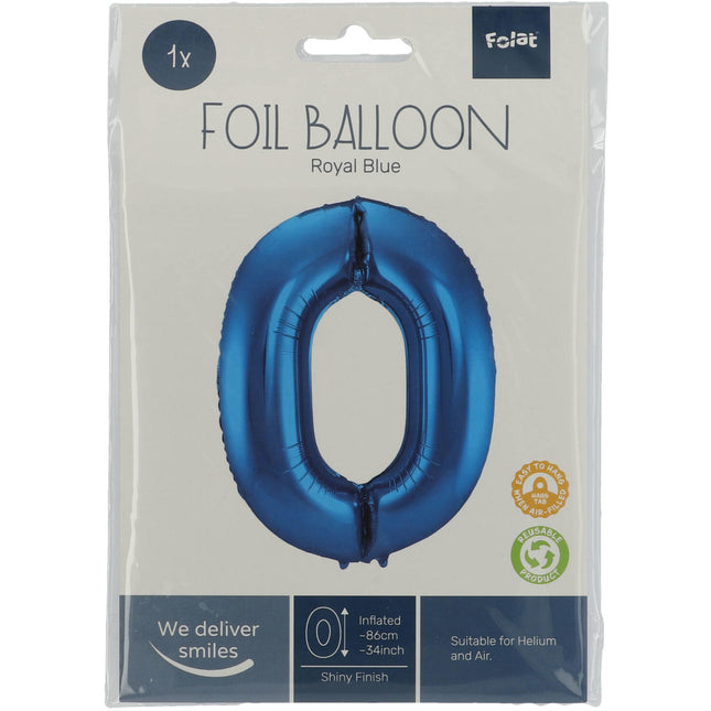 Folie Ballon Cijfer 0 Blauw Metallic XL 86cm leeg