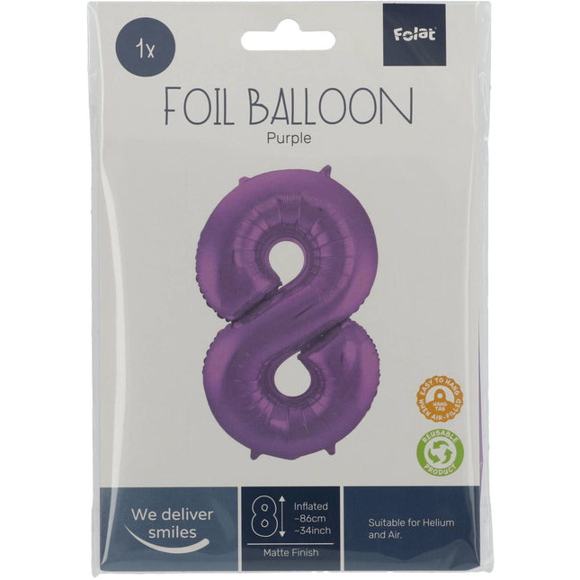 Folie Ballon Cijfer 8 Mat Paars XL 86cm leeg