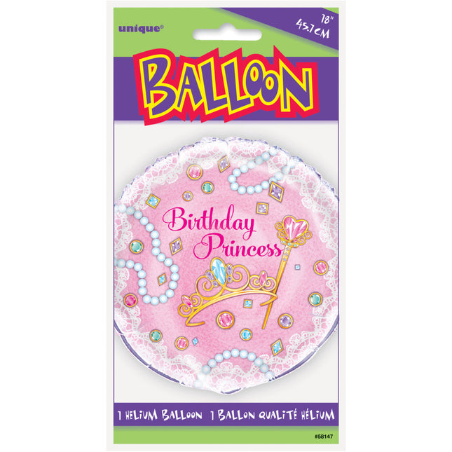 Helium Ballon Birthday Princess Roze 45cm leeg