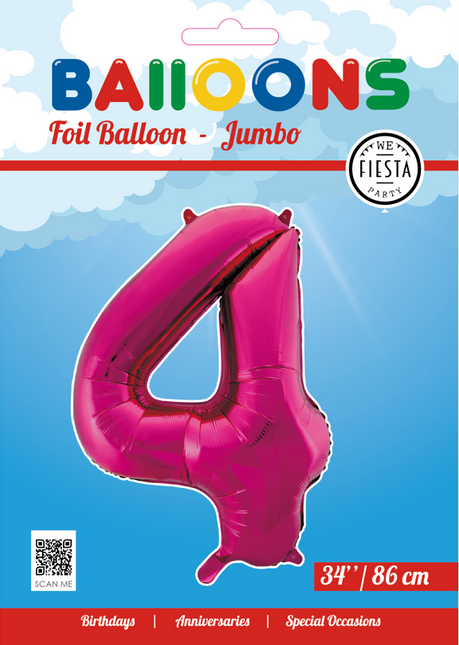 Folie Ballon Cijfer 4 Fuchsia XL 86cm leeg