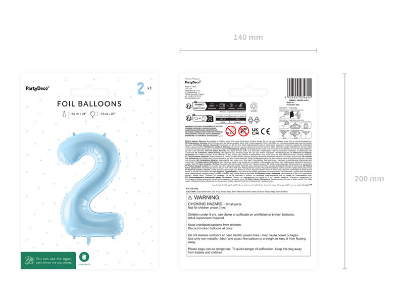 Foil Balloon Number ''2'', 72cm, light blue