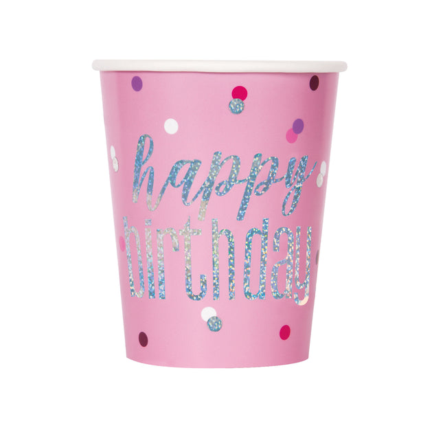 Happy Birthday Bekers Roze Glitter 266ml 8st