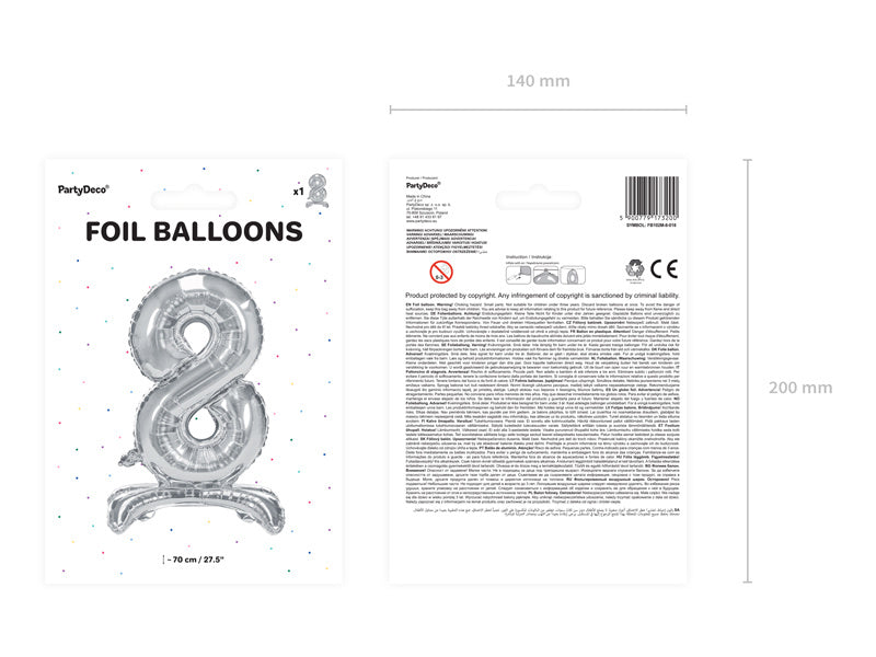 Folie Ballon Cijfer 8 Zilver Standaard Leeg 70cm