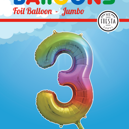 Folie Ballon Cijfer 3 Regenboog XL 86cm leeg