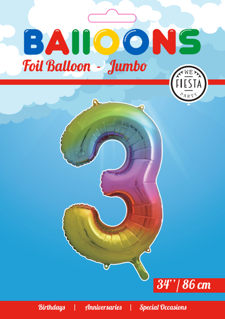 Folie Ballon Cijfer 3 Regenboog XL 86cm leeg