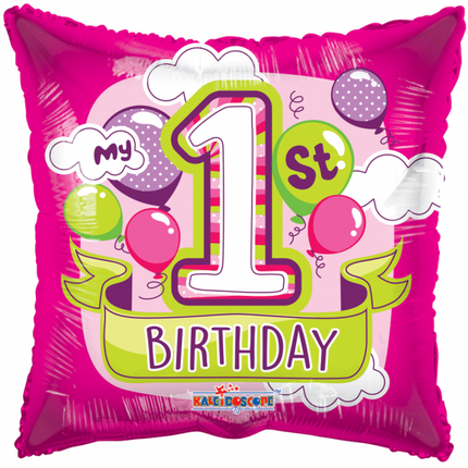 Helium Ballon Vierkant 1St Birthday Meisje 45cm leeg