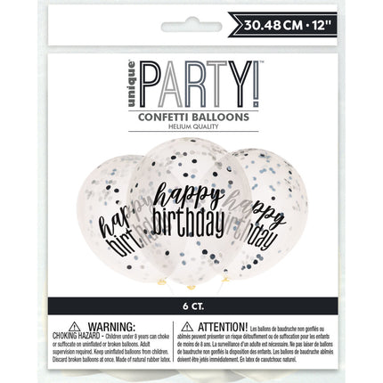 Happy Birthday Ballonnen Confetti Zwart 30cm 6st