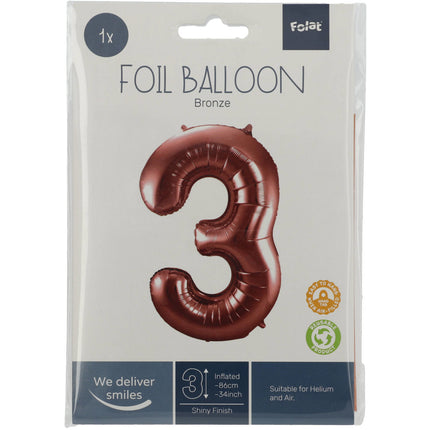 Folie Ballon Cijfer 3 Brons XL 86cm leeg