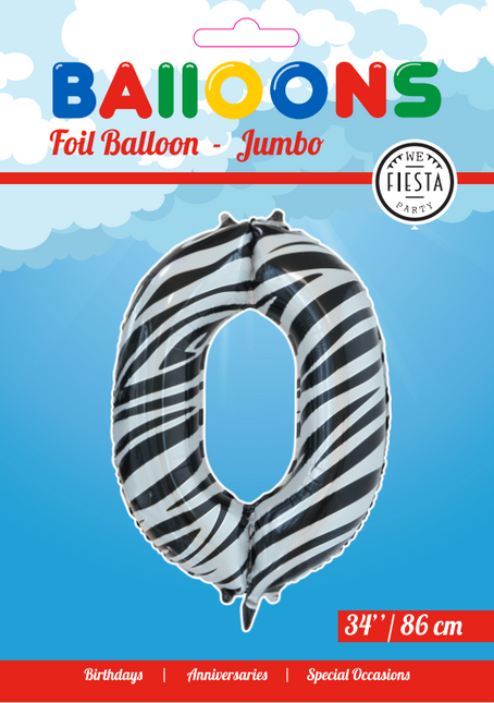 Folie Ballon Cijfer 0 Zebra XL 86cm leeg