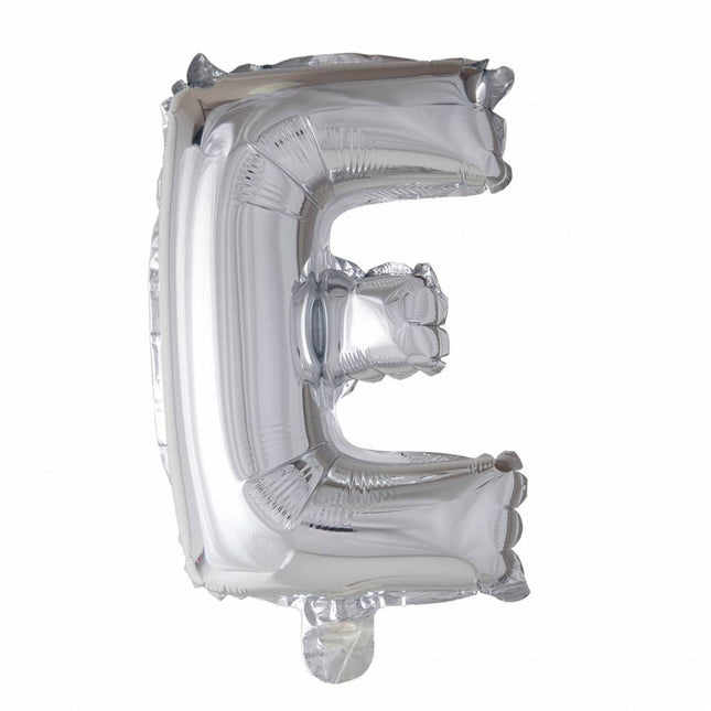 Folie Ballon Letter E Zilver 41cm met Rietje