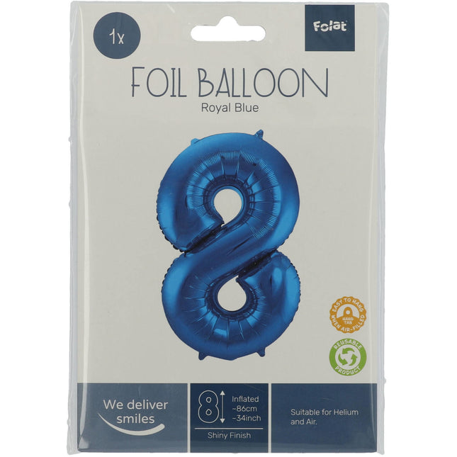 Folie Ballon Cijfer 8 Blauw Metallic XL 86cm leeg