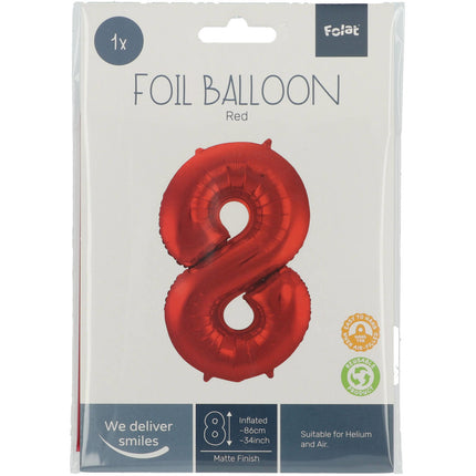 Folie Ballon Cijfer 8 Mat Rood XL 86cm leeg