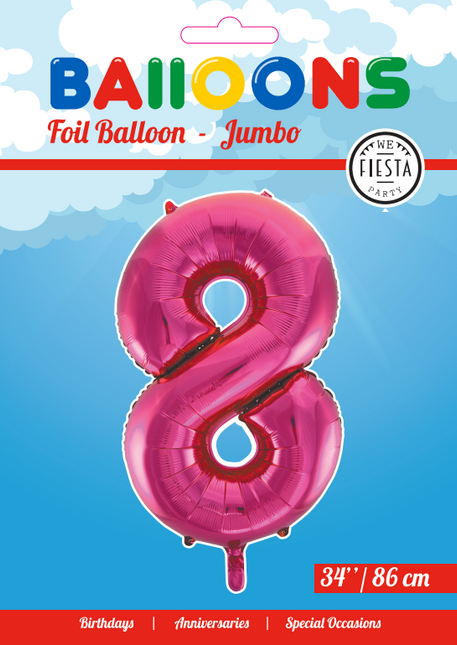 Folie Ballon Cijfer 8 Fuchsia XL 86cm leeg