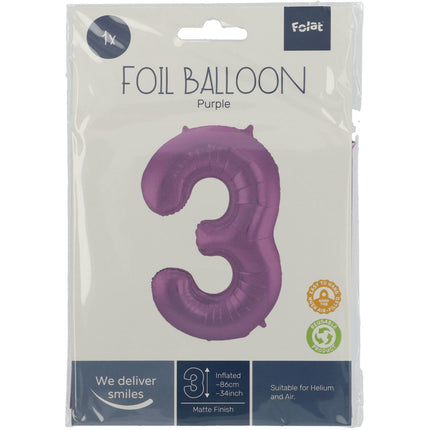 Folie Ballon Cijfer 3 Mat Paars XL 86cm leeg