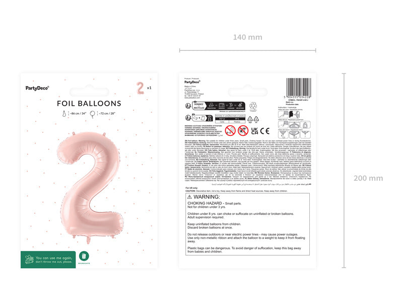 Foil Balloon Number ''2'', 72cm, light pink