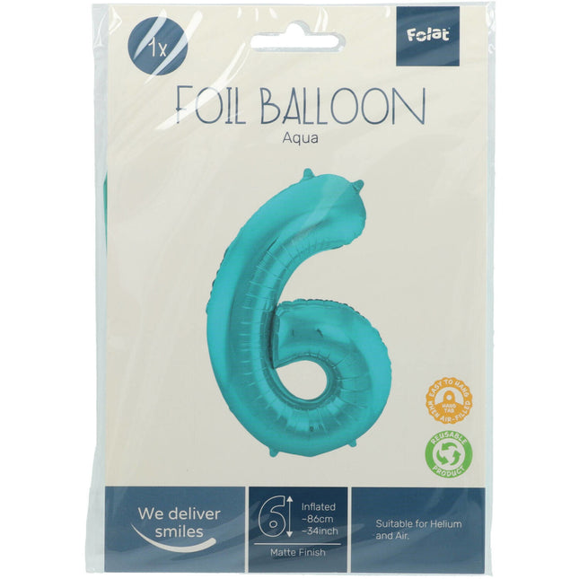 Folie Ballon Cijfer 6 Pastel Mintgroen XL 86cm leeg