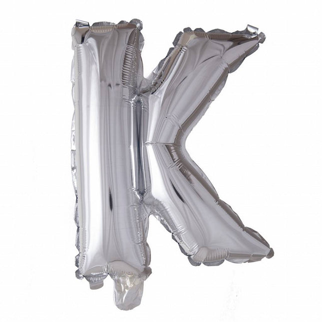 Folie Ballon Letter K Zilver 41cm met Rietje