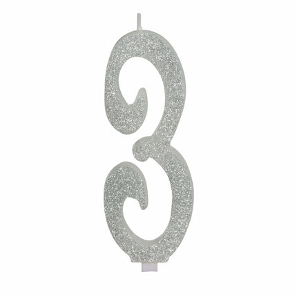 Zilveren Kaars 3 Jaar Glitter 12,5cm