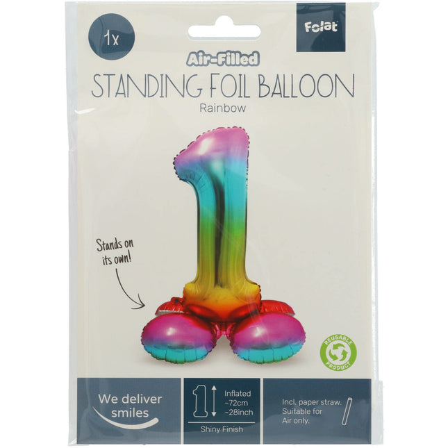 Folie Ballon Cijfer 1 Regenboog met standaard 72cm