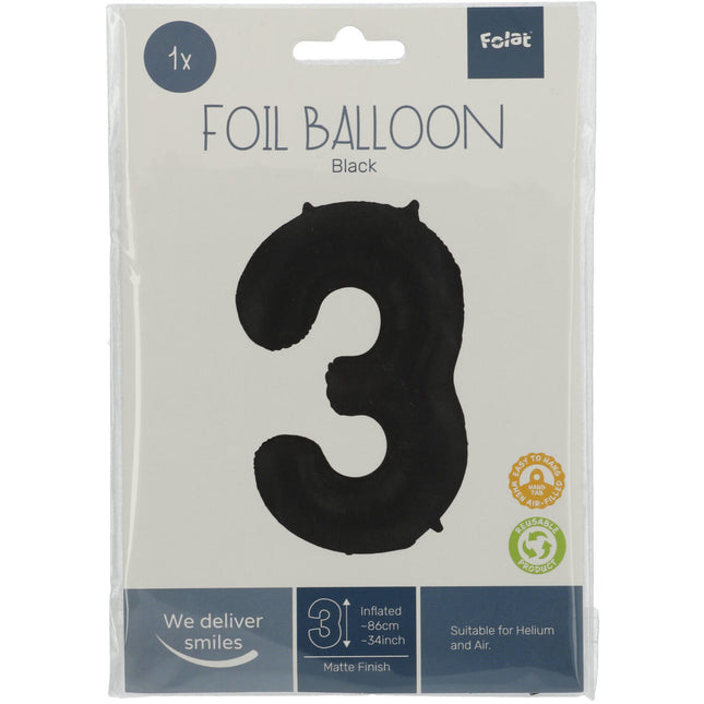 Folie Ballon Cijfer 3 Mat Zwart XL 86cm leeg